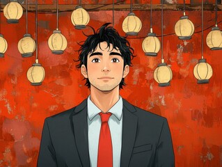 Young Man in Suit Gazing Upward Amidst Hanging Lanterns Against Red Background