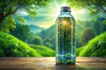 Double exposure merges insulated bottle with vibrant green screen, creating surreal 2D art.