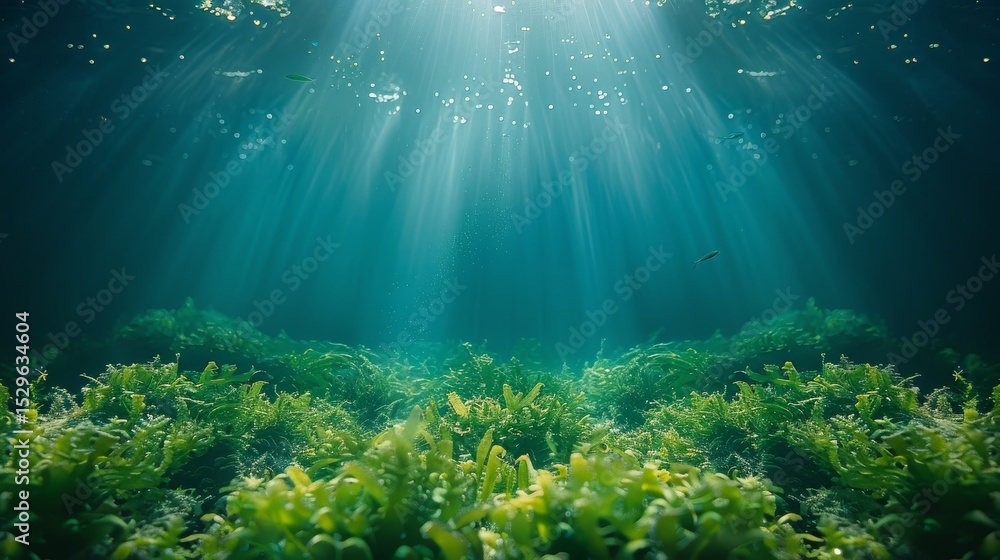 Aufkleber a mesmerizing underwater scene filled with lush green seaweed, illuminated by ethereal sunlight filt