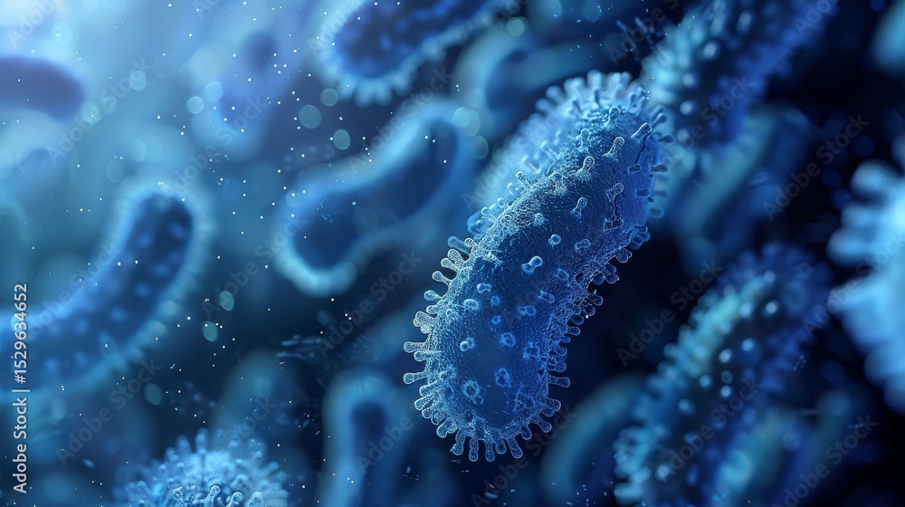 Poster a fascinating microscopic view of bacteria, showcasing intricate structures and textures in vibrant 