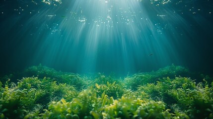 Obraz premium A mesmerizing underwater scene filled with lush green seaweed, illuminated by ethereal sunlight filtering through the water, creating a tranquil and enchanting atmosphere.