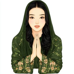 Young Woman in Green Floral Dress Praying, Minimalist Illustration