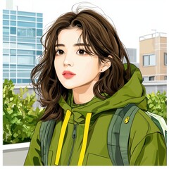 Young Woman in Green Hoodie Urban Pixel Art Portrait