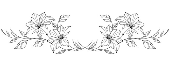 flower and leaves drawing. Vector hand drawn engraved floral card. Botanical, branch and flower Black ink sketch. Great for tattoo, invitations, greeting cards, decor