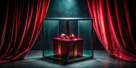 Double exposure photography: a red gift box mysteriously floats on a dark podium, shrouded in dramatic curtains.