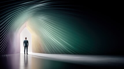 Obraz premium Businessman at the Entrance of a Luminous Abstract Tunnel