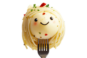 An adorable food art creation, a whimsical egg-shaped character decorated with pasta, herbs, and peppers held by a fork. The food art evokes a sense of fun and creativity isolated on white background