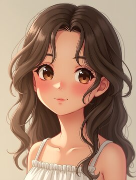 A close-up portrait of a girl with soft waves in her hair, exuding natural beauty and innocence against a neutral background.