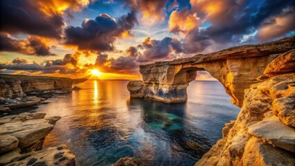 Double exposure photography captures Gozo's Wied il-Mielah arch, a breathtaking Maltese landscape.