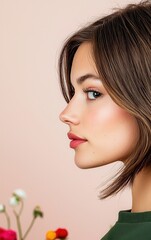 Young Woman Profile Pixelated Brown Bob, Pink Background, Floral Detail