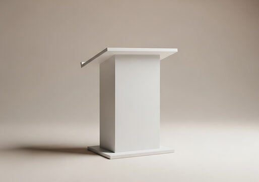 A clean, white podium stands on a neutral background, ideal for presentations, speeches, or announcements. Its simple design offers a professional and uncluttered aesthetic.