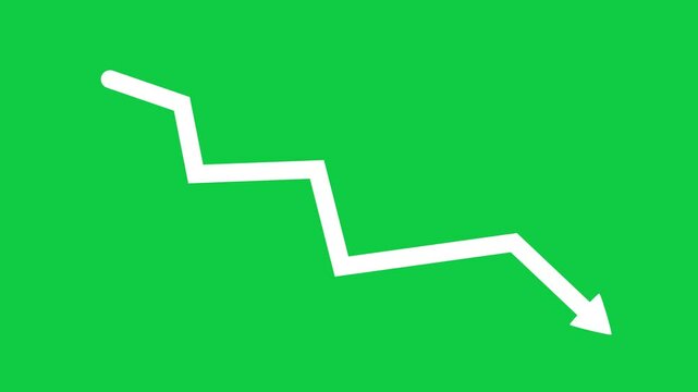 Downward economic crisis moving arrow animation on green screen. Economic simple moving arrow video Animation footage of Graph showing fluctuating downward trend. downward arrow chart isolated
