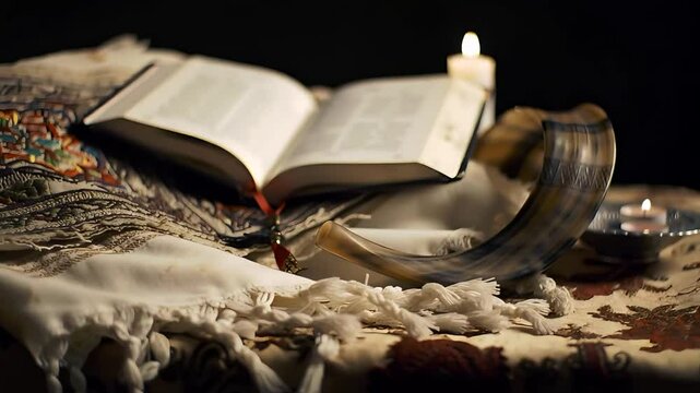 Hebrew bible opened, featuring shofar and tallit draped across pages, representing spiritual reflection during rosh hashanah traditional jewish new year commemorations