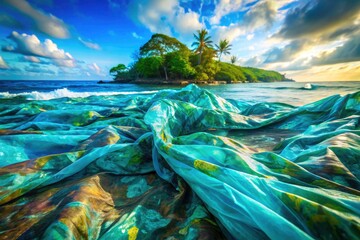 Double exposure photography merges turquoise camouflage and nature, resulting in an abstract, captivating background.