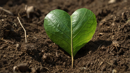 A  green heart-shaped leaf gently resting on rich soil, with a small globe, recycling symbol made of natural materials, or eco-friendly items like reusable bags, glass bottles, or bamboo toothbrushes 