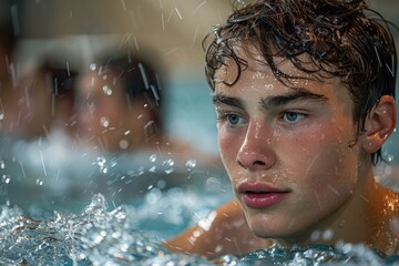 A close-up shot of a young swimmer's focused expression while swimming, capturing the beauty of water droplets glistening in the sunlight around him in a pool environment.