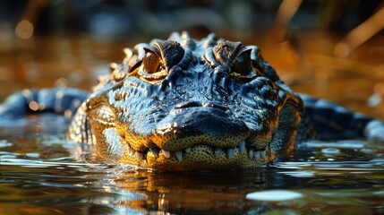 Obraz premium A striking close-up of an alligator emerging from calm waters, showcasing its textured skin and piercing eyes, symbolizing nature's raw beauty and power.
