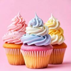 Delicious cupcakes with colorful cream on pink background, closeup with space for text