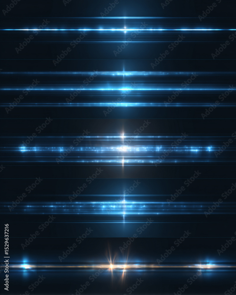 Poster a series of horizontal blue light streaks and flares on a dark background creating a futuristic effe