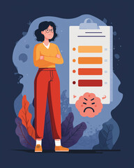 Gut brain axis. Woman with IBS beside mood scale illustrating gut-brain connection.