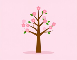 Cute Cartoon Spring Tree Illustration on a Pink Background 