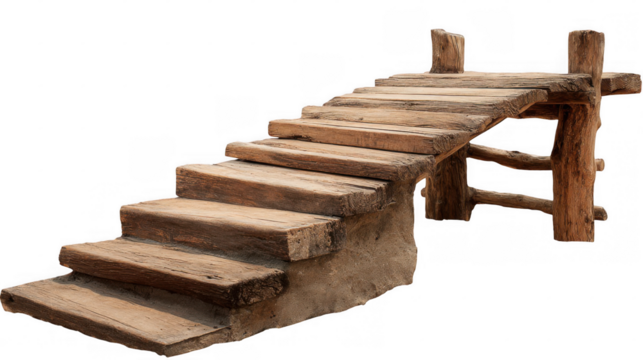 Rustic wooden staircase ascending on a transparent background, showcasing craftsmanship and natural materials, ideal for architecture or design projects