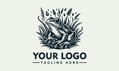Stylized black and white illustration of a frog surrounded by foliage and water elements. Nature and wildlife concept