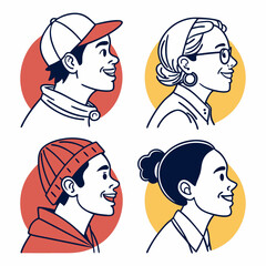 Joyful Avatar Set, Colorful Icon Pack, Diverse Face Art. Colorful 4 Avater Design Set.