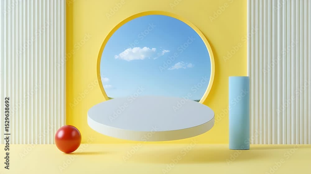 Poster abstract yellow display stage with floating sphere shapes and open round window view of blue sky and