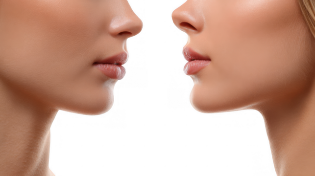 Profile of a beautiful woman with perfect skin and facial contours highlighting jaw firmness, perfect lips and nose, on a transparent background, ideal for beauty, cosmetics and healthcare projects