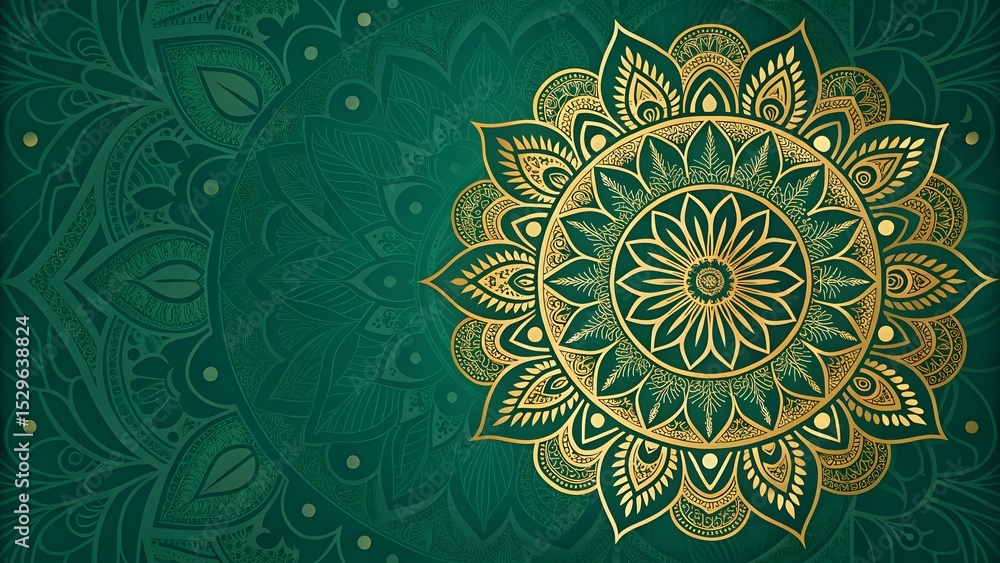 Poster detailed golden mandala on a textured green background with floral and circular patterns design elem