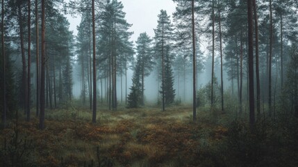 Obraz premium Misty Pine Forest Landscape with Soft Lighting
