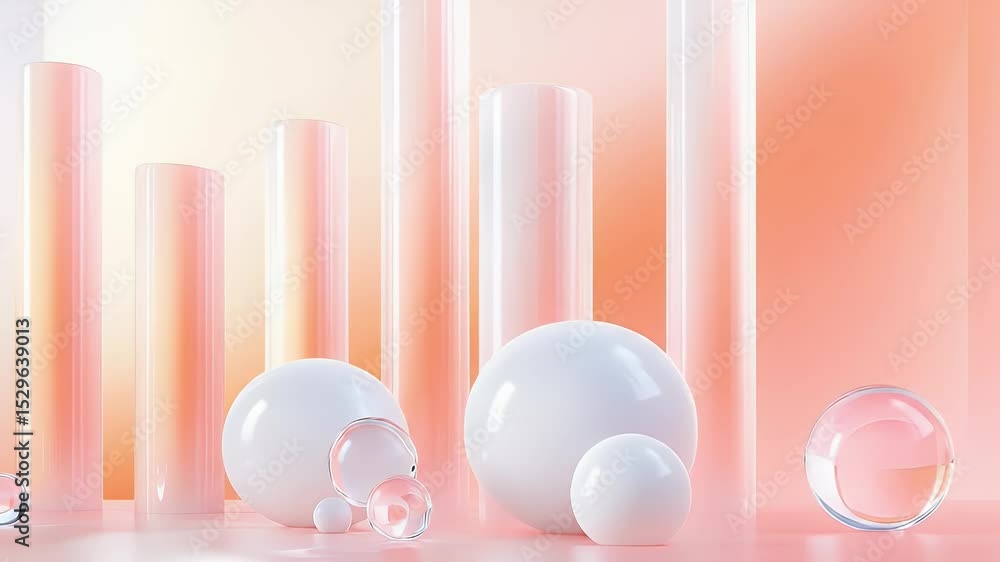 Poster abstract arrangement with glossy white spheres and translucent cylinders on a light peach background