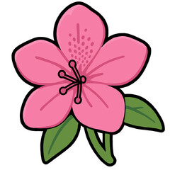 Cute vector illustration of a pink flower with green leaves. This cartoon-style blossom features bold outlines and simple details,