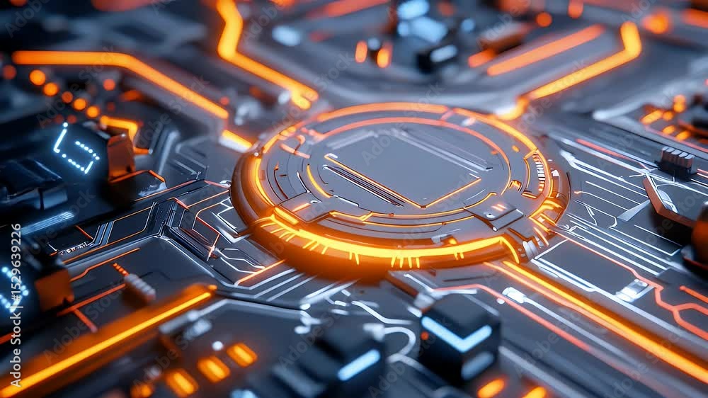 Poster detailed circuit board with orange neon lines and microchips technology structure close up high tech