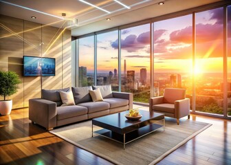 Double exposure reveals a futuristic living room's smart home integration, blending interior design with technological advancements.
