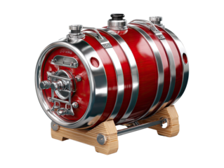 Red Wine Barrel: A polished red wine barrel, complemented by stainless steel banding, rests on a wooden stand. This image captures the essence of winemaking heritage.