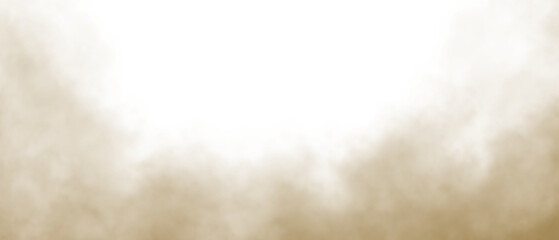 Brown dust and sand smoke cloud on transparent background. Soil particles, sandstorm effect, rising smog and fog overlay. PNG texture for design and compositing