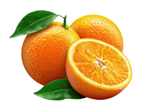 Fresh Citrus Delight: Three vibrant oranges, showcasing their juicy interior and a healthy dose of vitamin c, are accompanied by their lush green leaves. This high-angle, well-lit composition. - Powered by Adobe