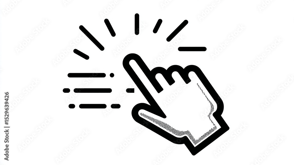 Poster hand cursor clicking or pointing with radiating lines and motion blur on a white background design