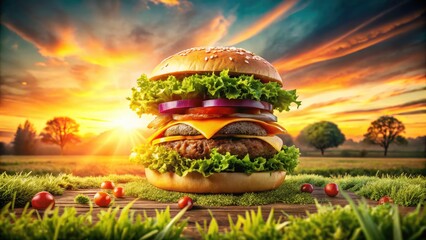 Double exposure reveals a rotating cheeseburger's juicy perfection; a delectable photographic feast.