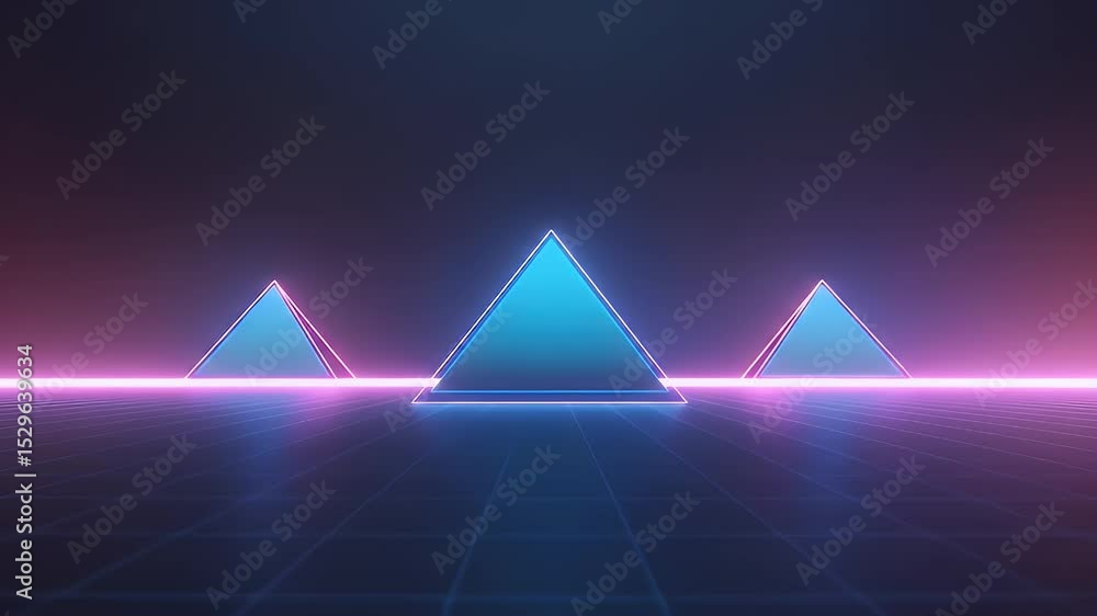 Poster glowing neon pyramids on grid background with blue and pink lights a retro style futuristic and abst