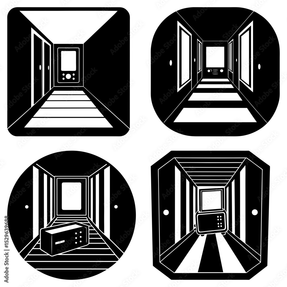 Poster four tunnel visions in black and white with different shapes and perspective views of the corridors