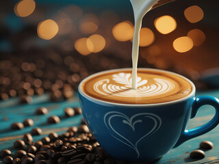 A close-up of a blue coffee cup with a heart design as milk is poured, creating intricate latte art.