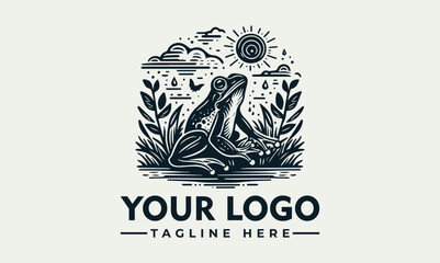 Stylized black and white illustration of a frog surrounded by foliage and water elements. Nature and wildlife concept