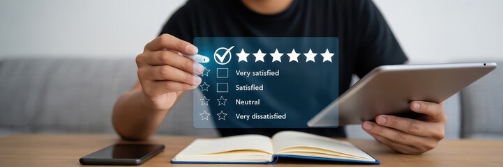 Person completing an online customer satisfaction survey.