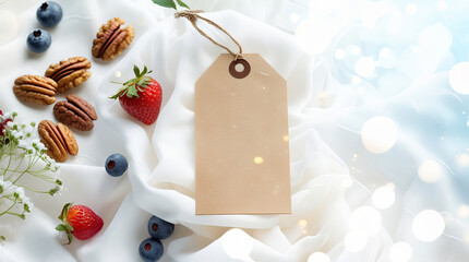 A flat lay composition featuring a plain brown tag amidst fresh strawberries, blueberries, and pecans, set against soft white fabric.
