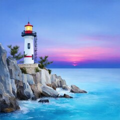 Lighthouse at Sunset on Rocky Coast
