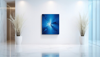A large abstract blue painting centered on a pristine white wall. The floor is polished marble, reflecting natural light from large glass panels.