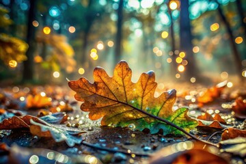 Double exposure reveals autumn's beauty:  wet oak leaves, forest floor artistry.